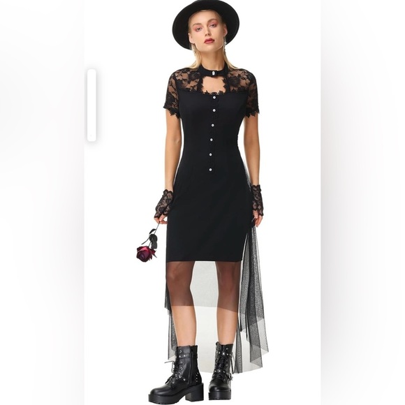 [ BELLE POGUE ] High-Low Black Gothic Dress w/Lace Patchwork & Cut Outs: M : EUC - Picture 7 of 10